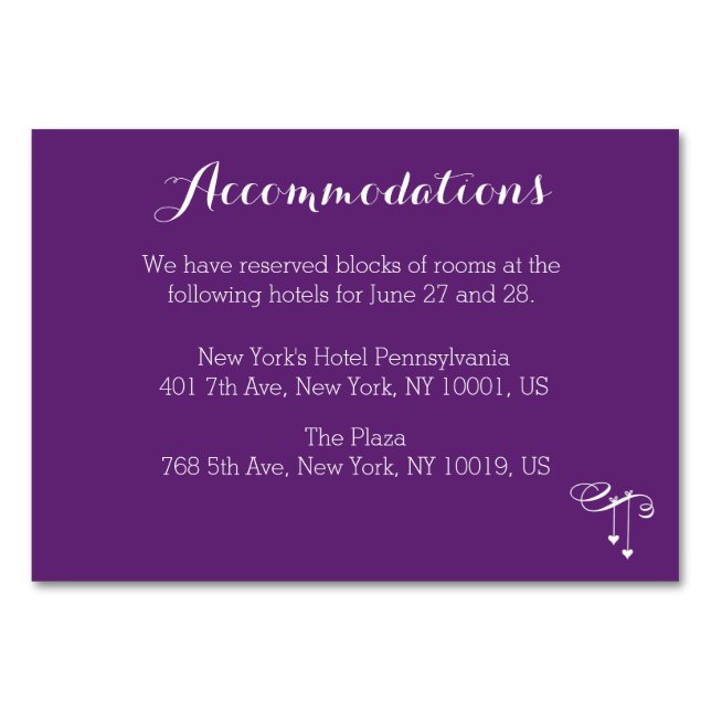 Customised Purple Wedding Accommodation Card (Front)