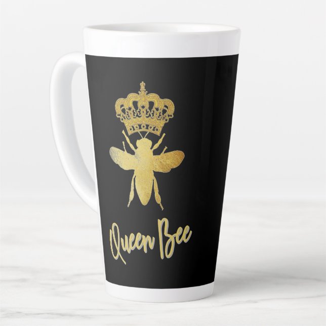 Customised ★ QUEEN BEE ★ Gold Crown + Black Latte Latte Mug (Left Angle)