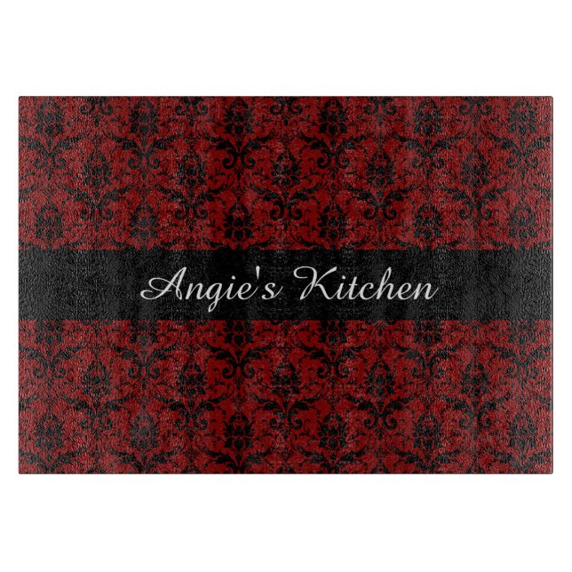 Customised Red and Black Damask Kitchen Gadget Cutting Board (Front)