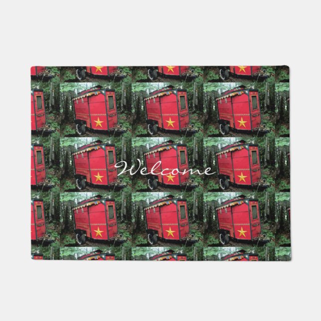 Customised Red Gypsy tiny caravan Doormat (Front)