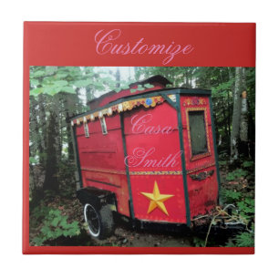 Customised Red Gypsy tiny caravan On caravan Ceramic Tile