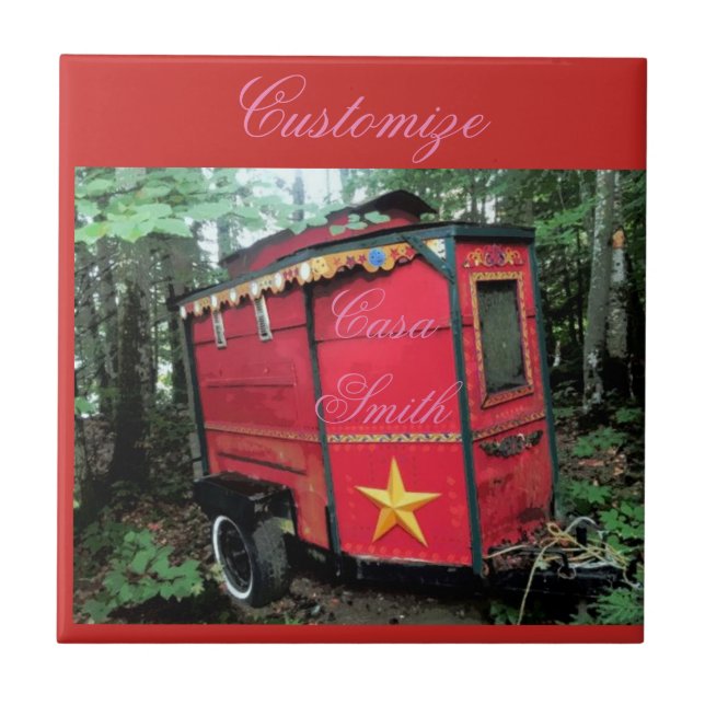 Customised Red Gypsy tiny caravan On caravan Ceramic Tile (Front)