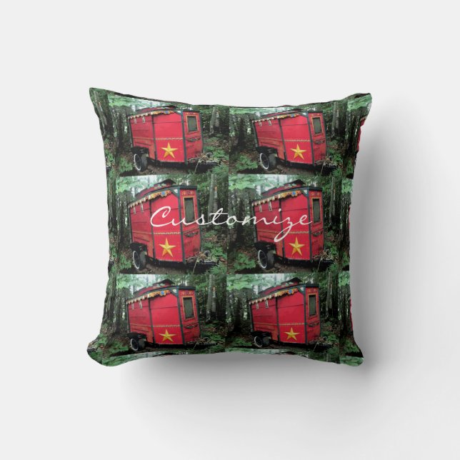 Customised Red Gypsy tiny caravan On caravan Cushion (Front)