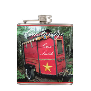 Customised Red Gypsy tiny caravan On caravan Hip Flask