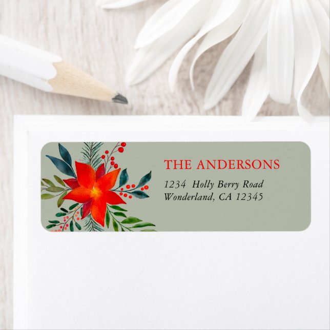 Customised Red Poinsettia Merry Christmas Return Address Label (Insitu)