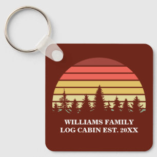 Customised Red Sunset Log Cabin Lake House Key Ring