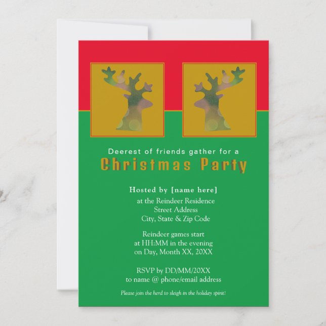 Customised Reindeer Red Green Gold Christmas Party Invitation (Front)