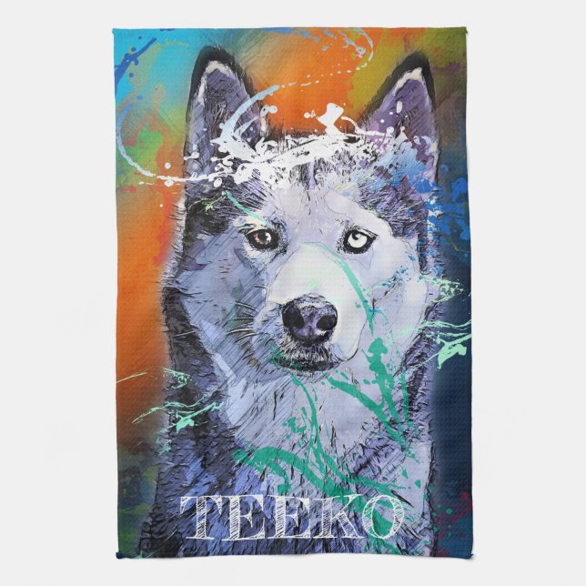 Customised Retro Siberian Husky Kitchen Towel (Vertical)