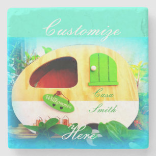 Customised Retro Vintage camper blue Stone Coaster