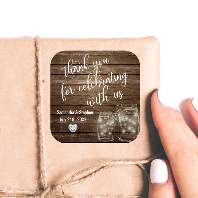 Customised Rustic Mason Jars Wood Hearts Wedding Square Sticker (Creator Uploaded)