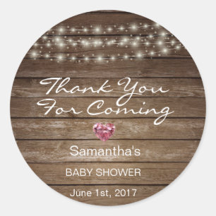 Customised Rustic String Lights Baby Shower Wood Classic Round Sticker