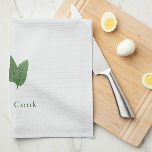 Customised Sage Cook, Green Leaves Art Tea Towel (Quarter Fold)