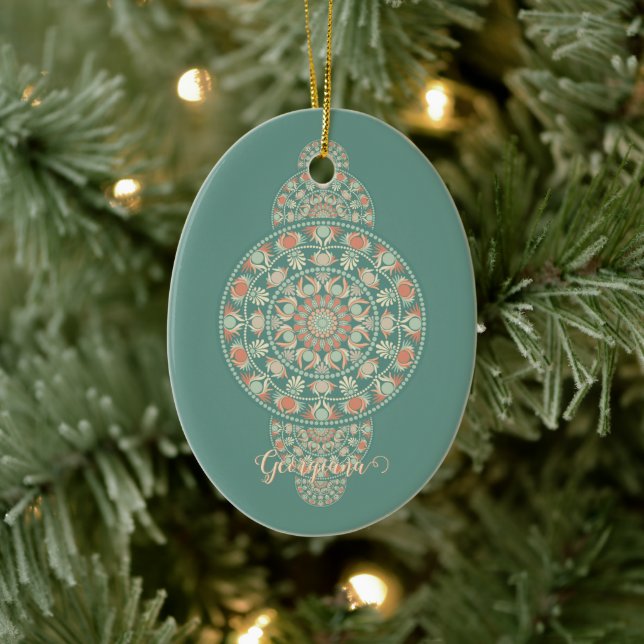 Customised Sage & Sand Retro Ornamental Mandala Ceramic Ornament (Tree)