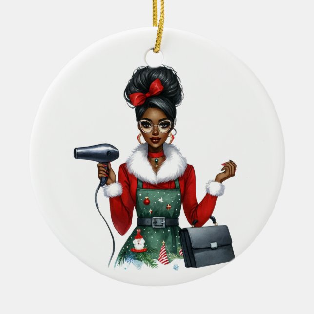 Customised Santa's Favourite Hair Stylist (Black)  Ceramic Ornament (Front)