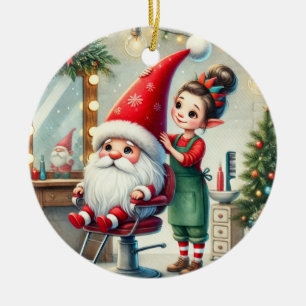 Customised Santa's Hair Stylist Gnome  Ceramic Ornament