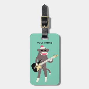 Customised Sock Monkey Rocks w/ Electric Guitar Luggage Tag