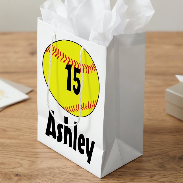 Customised Softball Gift Bags (Custom softball gift bags on table. Great for softball team parties or birthdays.)