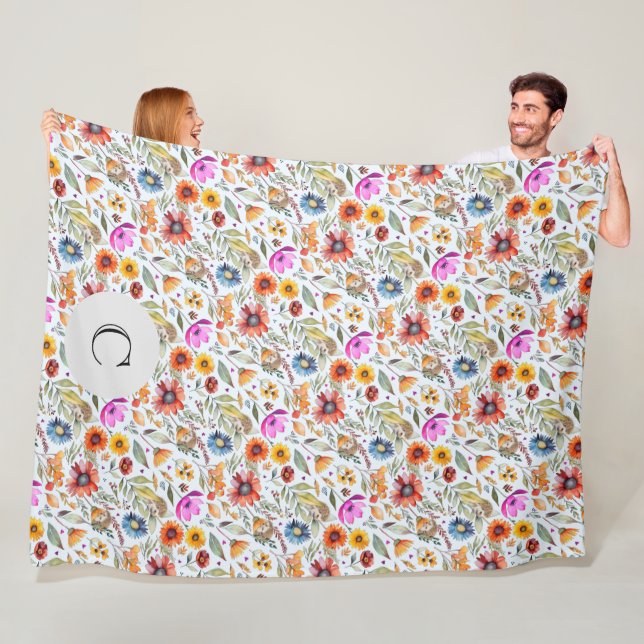 Customised Spring Wildflowers & Adorable Hedgehogs Fleece Blanket (In Situ)