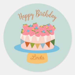 Customised strawberry birthday cake classic round sticker