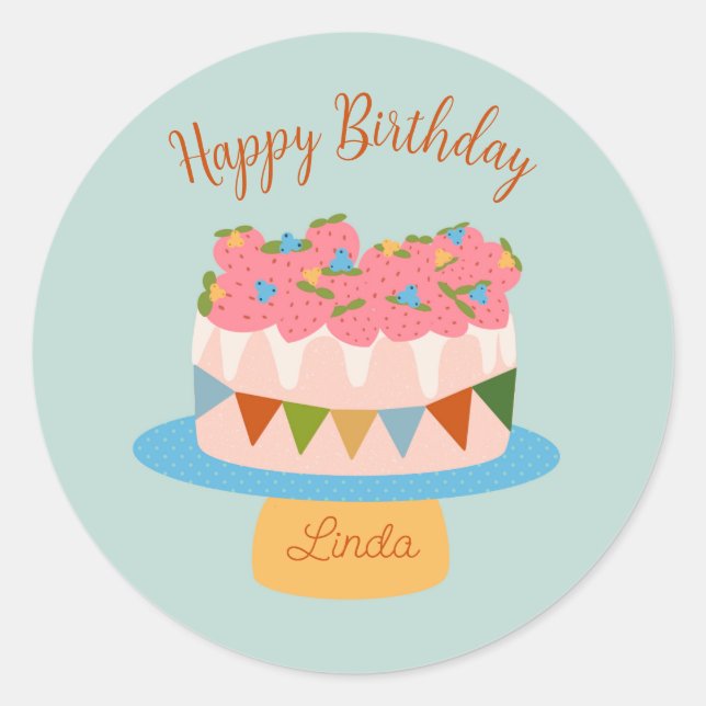 Customised strawberry birthday cake classic round sticker (Front)