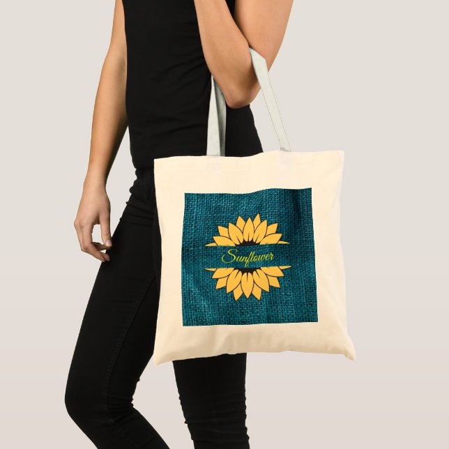 Customised Sunflower Blue burlap print Tote Bag (Front (Product))