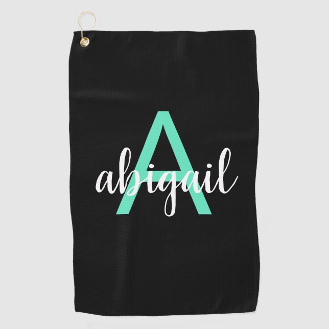 Customised Teal Black Girly Modern Monogram Name Golf Towel (Front)