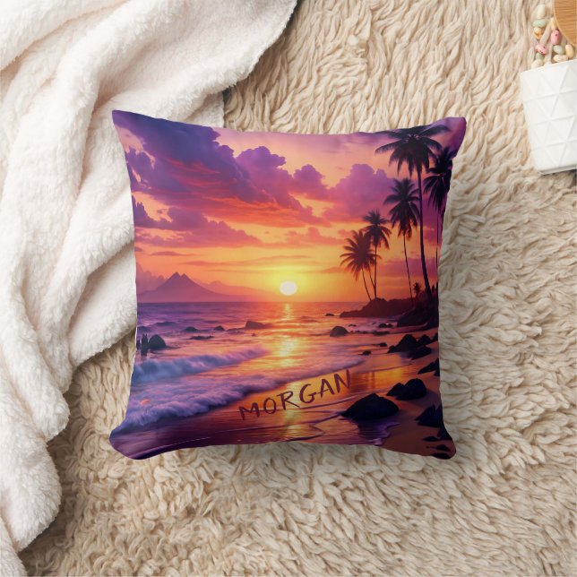 Customised Tropical Sunset Beach – Dreamy Coastal Cushion (Blanket)