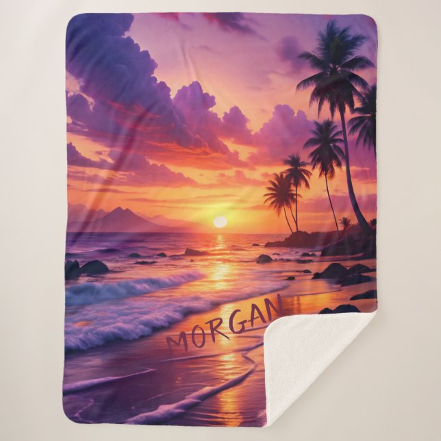 Customised Tropical Sunset Beach – Dreamy Coastal Sherpa Blanket (Front)
