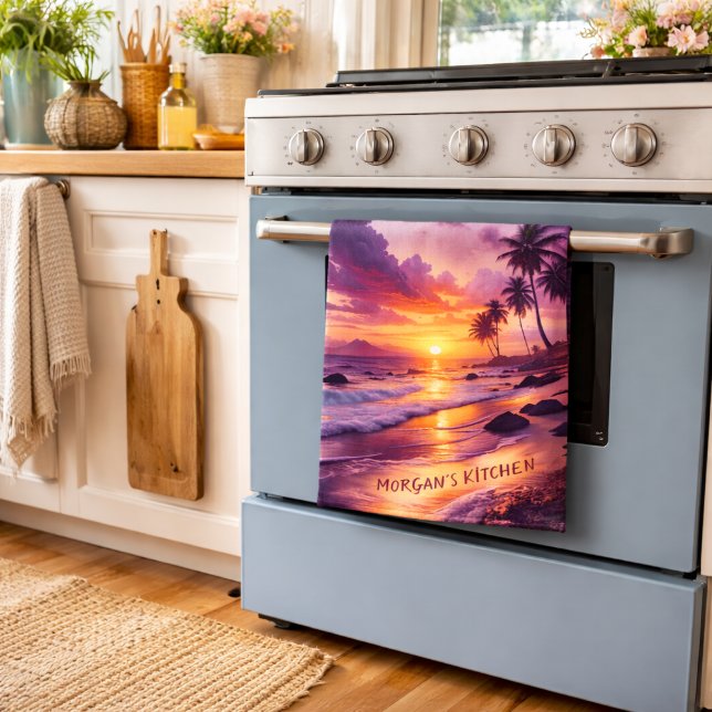 Customised Tropical Sunset Beach – Dreamy Coastal Tea Towel (Creator Uploaded)