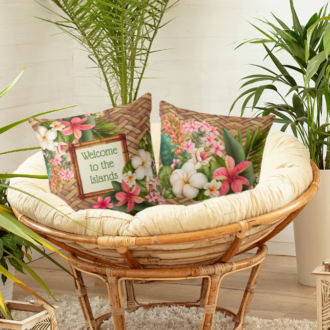 Customised Tropical Welcome to the Islands Cushion (Personalize the message on this dreamy tropical island pillow with your own message. )