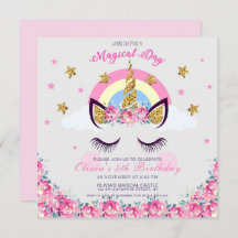 Customised Unicorn Floral 5th Birthday Invitation