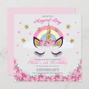 Customised Unicorn Floral 5th Birthday Invitation