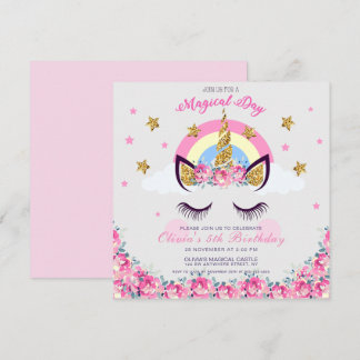 Customised Unicorn Floral 5th Birthday Invitation 