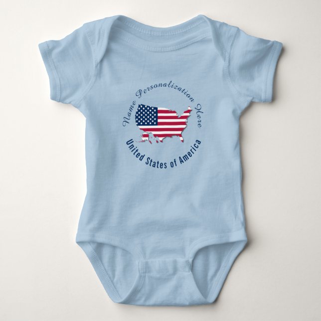 Customised United States of America Flag Map Blue Baby Bodysuit (Front)