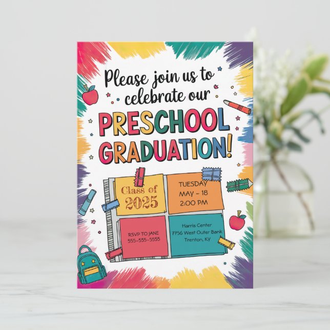 Customised Vibrant Notebook Preschool Graduation Invitation (Standing Front)