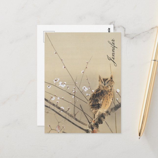 Customised Vintage Goun Owl Early Plum Blossoms Postcard (Front/Back In Situ)