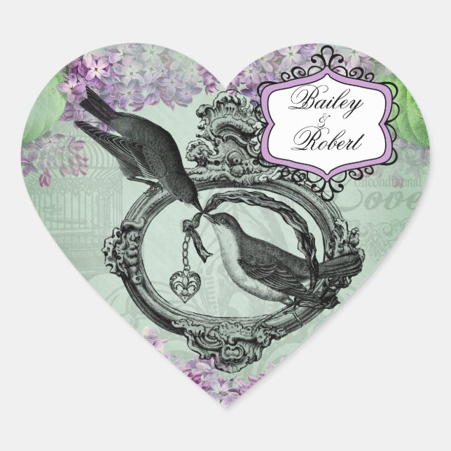 Customised Vintage Lilacs Locket Heart Stickers (Front)