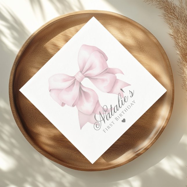 Customised Watercolor Dusty Pink Bow 1st Birthday  Napkin (Creator Uploaded)