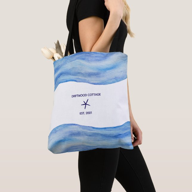 Customised Watercolor Wave Beach House Tote Bag (Close Up)