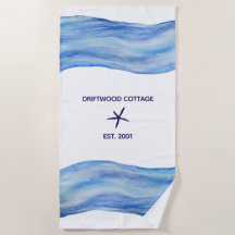 Customised Watercolor Wave Beach House Towel