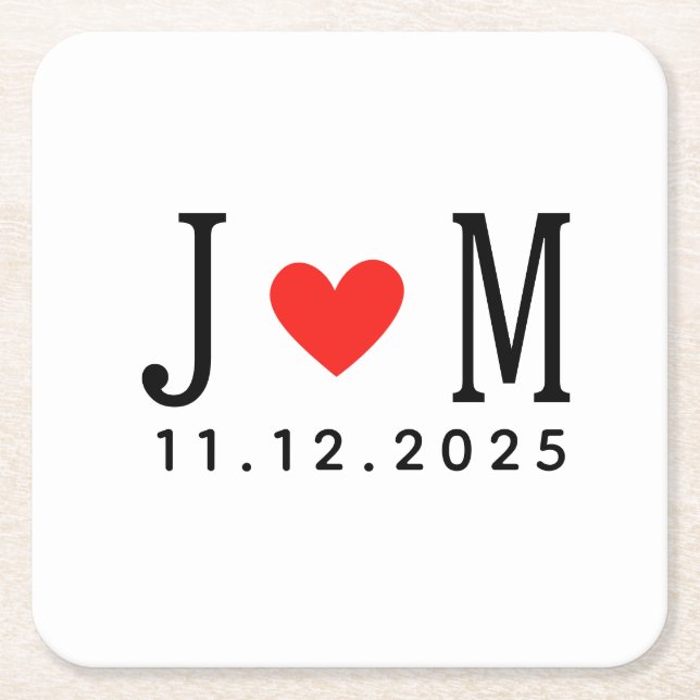 Customised wedding Couple Name Date Red Love Square Paper Coaster (Front)