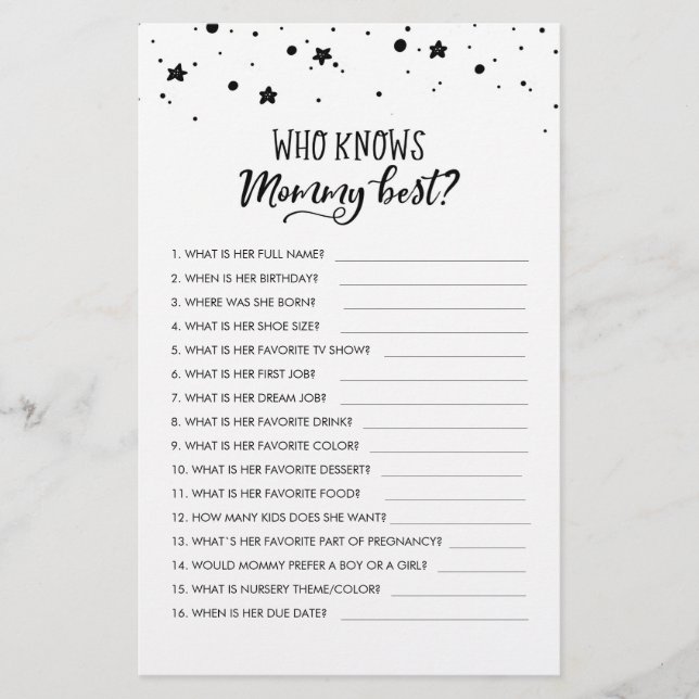 Customised Who knows Mummy Best? Baby Shower Game (Front)