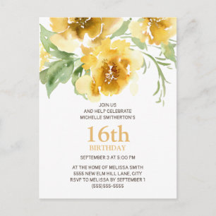 Customised Yellow Floral 16th Birthday Postcard