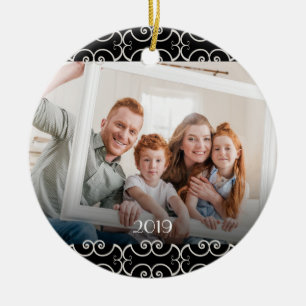 Customizable 2-sided Elegant Scrolls 2 Photo Ceramic Ornament