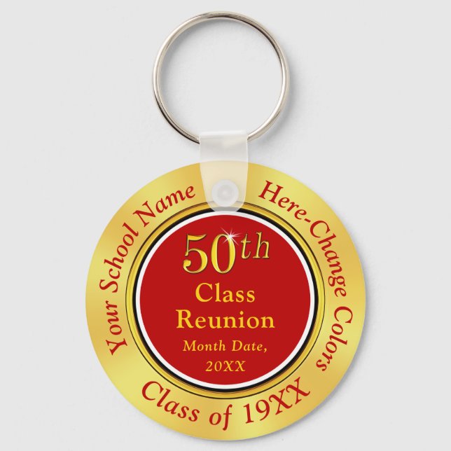 Customizable 50th Class Reunion Keychains, Gold Key Ring (Front)