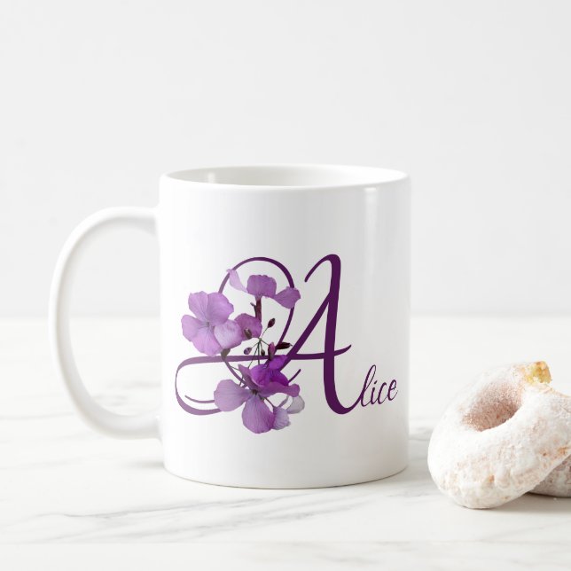 Customizable Alice name pretty purple floral cute Coffee Mug (With Donut)