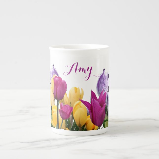 Customizable Amy name colorful spring flowers fun Bone China Mug (Front)