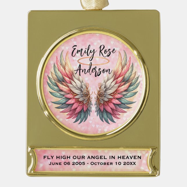Customizable Angel Wings Memorial  Gold Plated Banner Ornament (Front)
