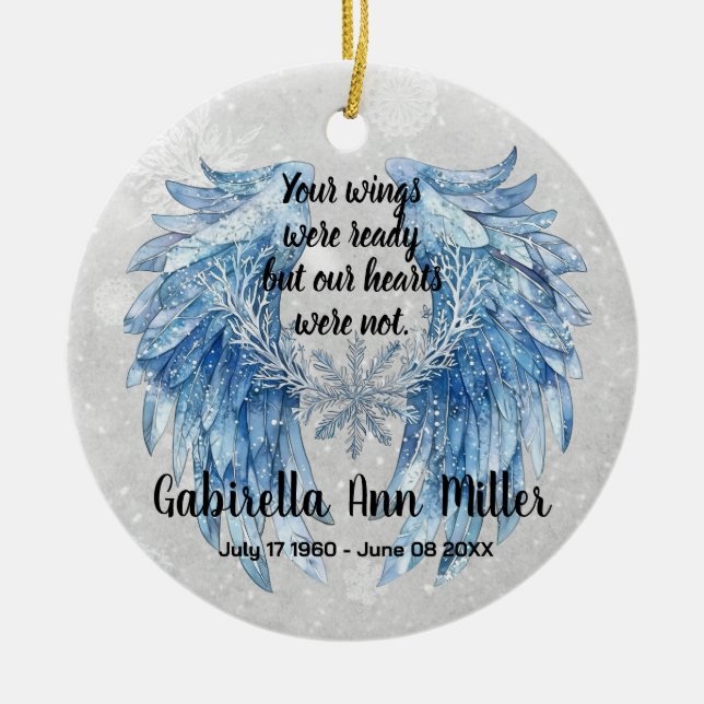 Customizable Angel Wings Memorial with Snowflake Ceramic Ornament (Front)