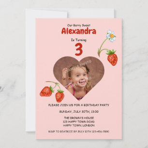CUSTOMIZABLE ANY AGE Strawberry Photo Birthday Invitation